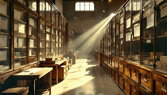Archival boxes stacked neatly on wooden shelves with sunlight streaming through small window.